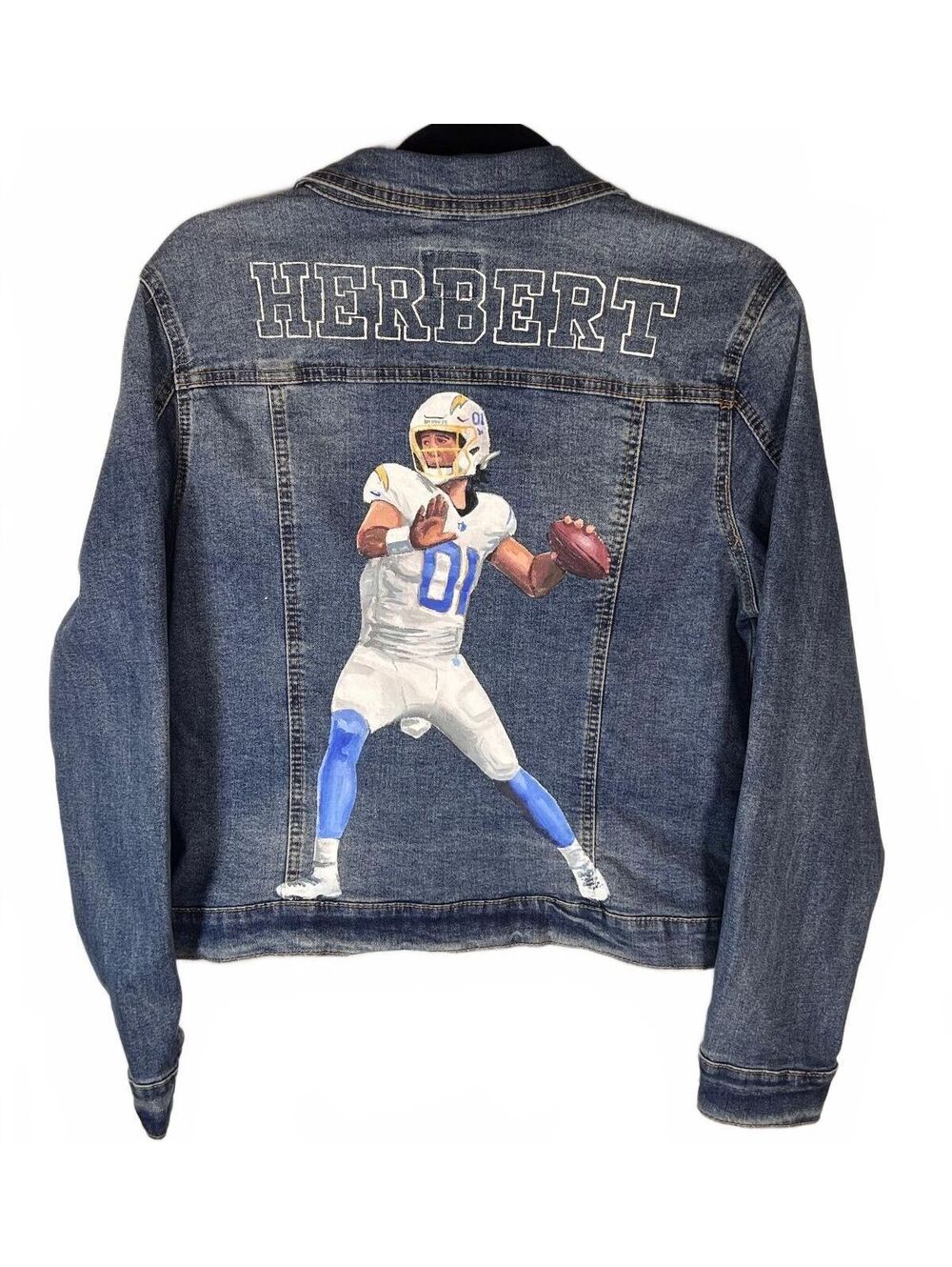 Custom Hand Painted NFL Chargers Justin Herbert Denim Jacket Large Streetwear L